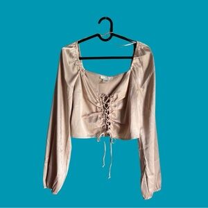 URBAN Romantics Cream/Dusty Rose Puff Sleeve Crop Blouse